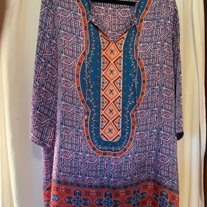 Colorful blouse by RAFAELLA. Size 2. Looks like silk. Long & drapes.Ties…